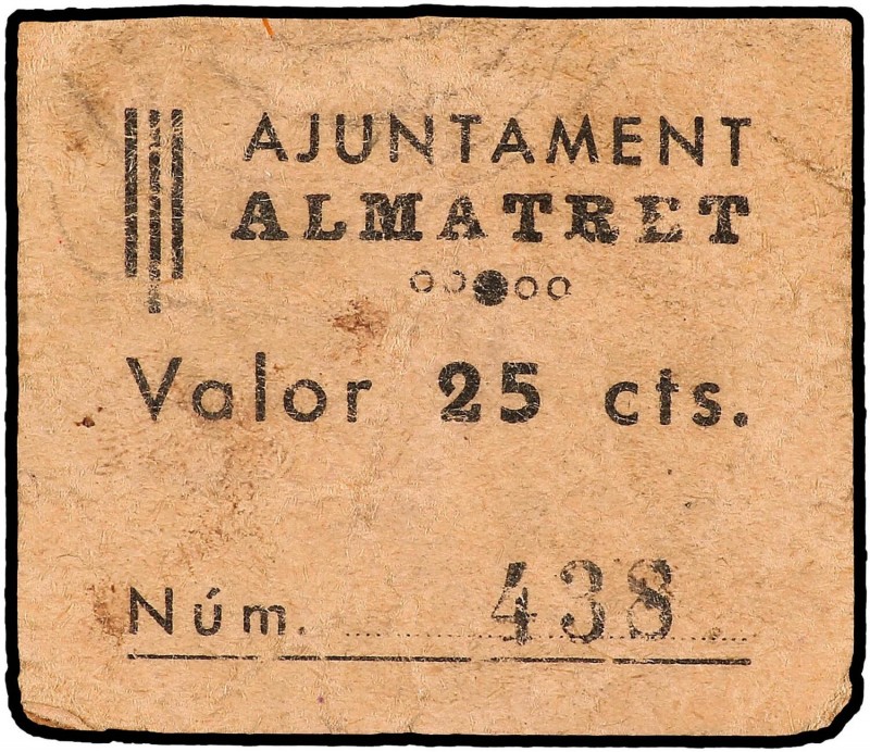 PAPER MONEY OF THE CIVIL WAR: CATALUNYA
25 Cèntims. Aj. d´ ALMATRET. Cartulina....