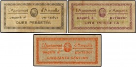 PAPER MONEY OF THE CIVIL WAR: CATALUNYA
Serie 3 billetes 50 Cèntims, 1 y 2 Pessetes. Setembre 1937. Aj. d´AMPOLLA. MUY ESCASOS. AT-150, 151, 152. MBC...