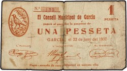 PAPER MONEY OF THE CIVIL WAR: CATALUNYA
 1 Pesseta. Juny 1937. C.M. de GARCIA. (Casi en dos pedazos con restos de cinta adhesiva). MUY RARO. AT-1087;...