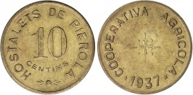 PESETA SYSTEM: LOCAL ISSUES OF THE CIVIL WAR
10 Cèntims. 1937. COOPERATIVA AGRÍCOLA HOSTALETS DE PIEROLA. Latón. ESCASA. T-1430; L-3224. MBC+.