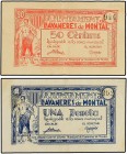 PAPER MONEY OF THE CIVIL WAR: CATALUNYA
Lote 2 billetes 50 Cèntims y 1 Pesseta. Aj. de LLAVANERES DE MONTAL. AT-1335b, 1336b. EBC-.