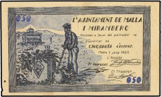 PAPER MONEY OF THE CIVIL WAR: CATALUNYA
50 Cèntims. 1 Juny 1937. Aj. de MALLA I MIRAMBERC. Sin sello tampón. AT-1416a. EBC-.