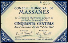 PAPER MONEY OF THE CIVIL WAR: CATALUNYA
50 Cèntims. 11 Juliol 1937. C.M. de MASSANES. RARO. AT-1486. SC.