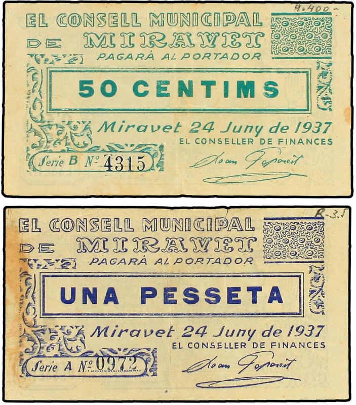 PAPER MONEY OF THE CIVIL WAR: CATALUNYA
Lote 2 billetes 50 Cèntims y 1 Pesseta....