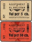 PAPER MONEY OF THE CIVIL WAR: CATALUNYA
Lote 2 billetes 5 y 50 Cèntims. Aj. d´ EL SOLERÀS. Cartón. (50 Céntims pequeños restos de cinta adhesiva). ES...