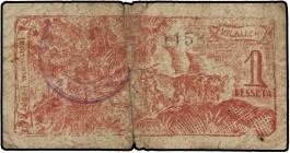 PAPER MONEY OF THE CIVIL WAR: CATALUNYA
 1 Pesseta. 1937. C.M. de VILALLER. (Sucio y con rotura central). RARÍSIMO. AT-2795; T-3233. BC.