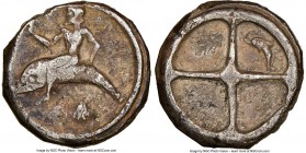 CALABRIA. Tarentum. Ca. 480-450 BC. AR didrachm (17mm, 7.70 gm). NGC Choice Fine 5/5 - 2/5. TAPAS (retrograde), Taras astride dolphin left, right hand...