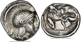 CALABRIA. Tarentum. Ca. 380-280 BC. AR diobol (12mm, 4h). NGC Choice VF. Ca. 325-280 BC. Head of Athena right, wearing crested Attic helmet decorated ...