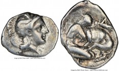 CALABRIA. Tarentum. Ca. 380-280 BC. AR diobol (13mm, 3h). NGC VF. Ca. 325-280 BC. Head of Athena right, wearing crested Attic helmet decorated with fi...