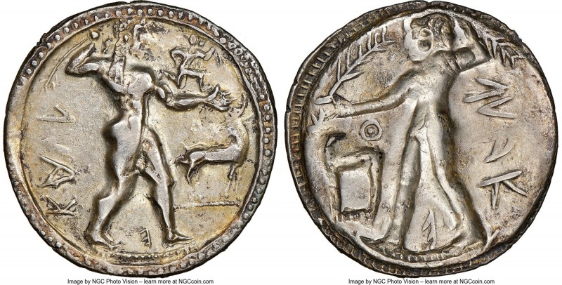 BRUTTIUM. Caulonia. Early 5th century BC. AR stater or nomos (29mm, 7.31 gm, 12h...