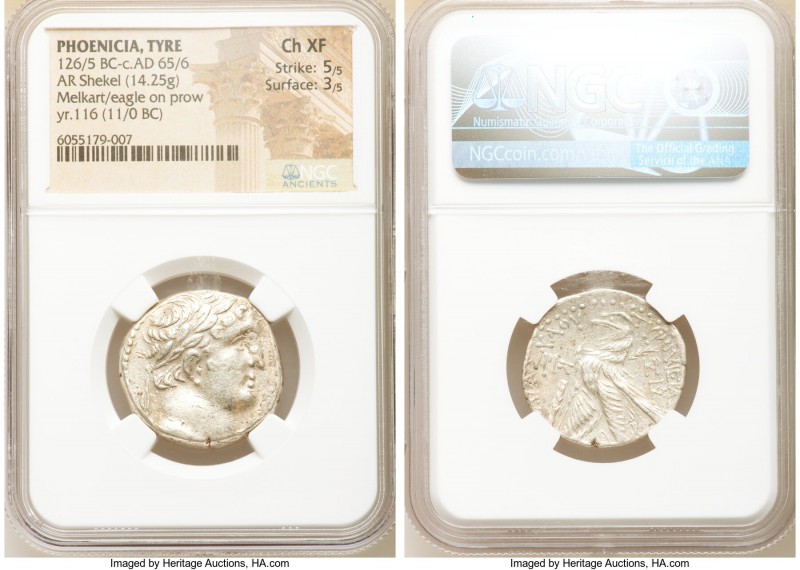 PHOENICIA. Tyre. Ca. 126/5 BC-AD 65/6. AR shekel (25mm, 14.25 gm, 12h). NGC Choi...