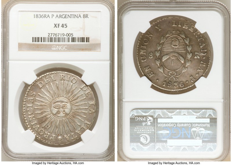 Rio de la Plata 8 Reales 1836 RA-P XF45 NGC, Rioja mint, KM20, Janson-37. A popu...