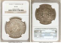 Rio de la Plata 8 Reales 1836 RA-P XF45 NGC, Rioja mint, KM20, Janson-37. A popular sun-face 8 reales with pearl-gray high-points yielding to gunmetal...