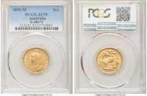 Victoria gold Sovereign 1892-M AU55 PCGS, Melbourne mint, KM10, S-3867C. Jubilee head type. Accompanied by hints of original mint luster to the recess...