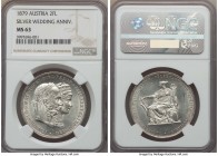 Franz Joseph I 2 Florin 1879 MS63 NGC, Vienna mint, KM-XM5. Struck for the Emperor's 25th wedding anniversary with Elisabeth. Blast white with cartwhe...