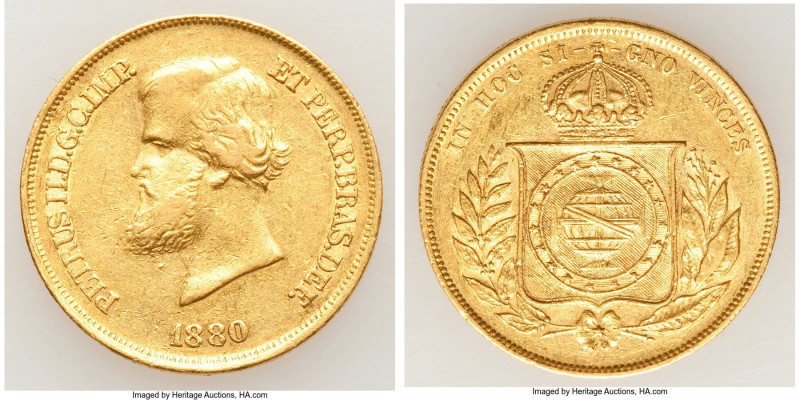 Pedro II gold 10000 Reis 1880 XF/AU, Rio de Janeiro mint, KM467. 22.8mm. 8.87gm....