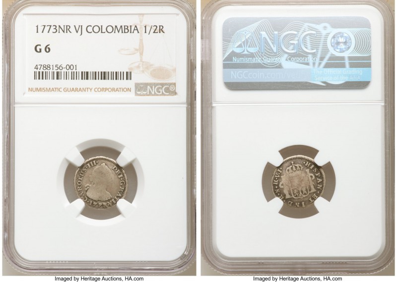 Charles III 1/2 Real 1773 NR-VJ G6 NGC, Nuevo Reino mint, KM45.1. A rare survivo...