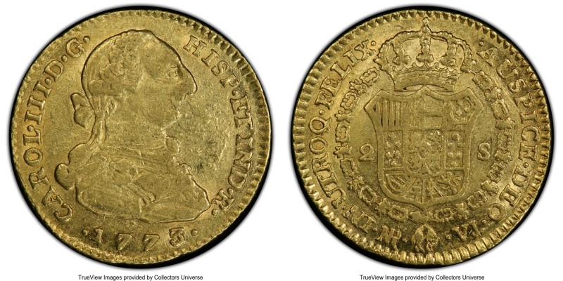 Charles III gold 2 Escudos 1773/2 NR-VJ AU55 PCGS, Nuevo Reino mint, KM49.1. A p...