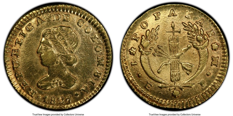 Republic gold Escudo 1827 POPAYAN-FM AU Details (Cleaned) PCGS, Popayan mint, KM...