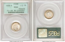 Louis Philippe I 1/2 Franc 1839-A MS66 PCGS, Paris mint, KM741.1. Argent surfaces peering through mocha rust toning. 

HID09801242017

© 2020 Heri...