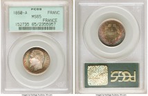 Napoleon III Franc 1860-A MS65 PCGS, Paris mint, KM-779.1. Bold strike with multi-colored toning in shades of olive, teal, gold and violet. 

HID098...