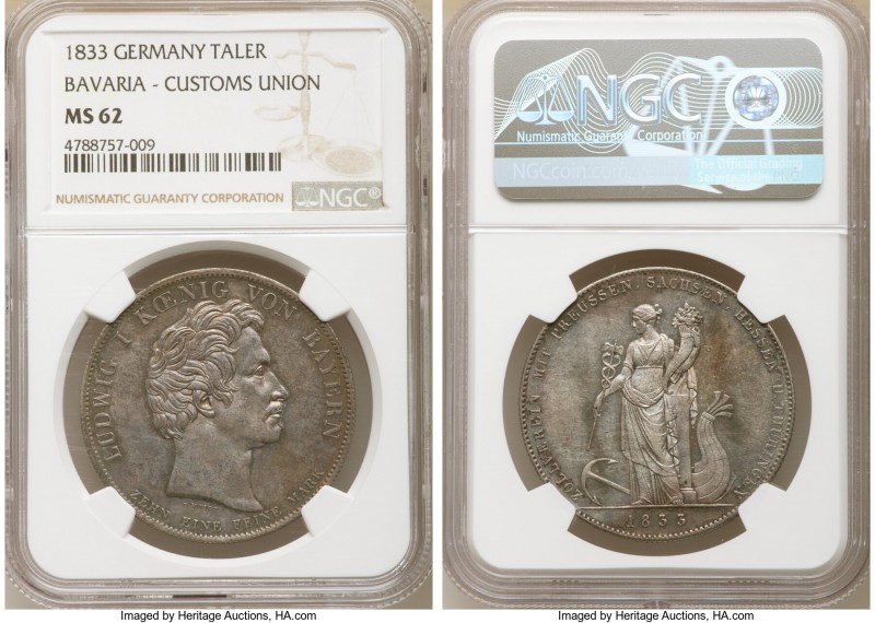 Bavaria. Ludwig I "Customs Union" Taler 1833 MS62 NGC, Munich mint, KM762, Dav-5...