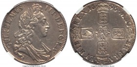 William III Crown 1696 AU55 NGC, First bust, First harp, KM494.1. OCTAVO edge. Amazingly detailed, this specimen is very near Mint-State in terms of i...