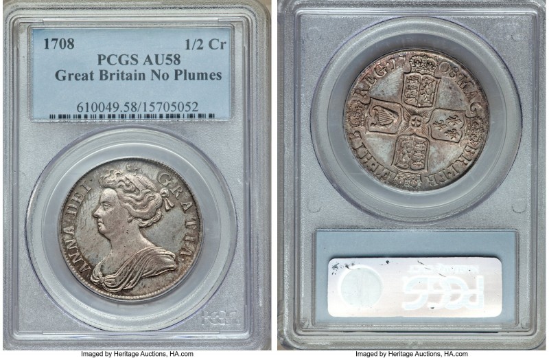 Anne 1/2 Crown 1708 AU58 PCGS, KM525.1. Crisply struck portrait and legends. Lil...