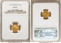 George I gold 1/4 Guinea 1718 AU55 NGC, KM555, S-3638. Softly struck, this small gold issue of George I displays pleasing and smooth honey-gold and ro...