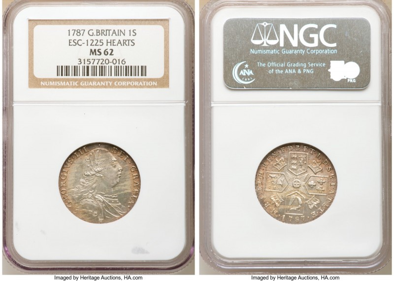 George III Shilling 1787 MS62 NGC, KM607.2, S-3746, ESC-1225. Semée with hearts ...