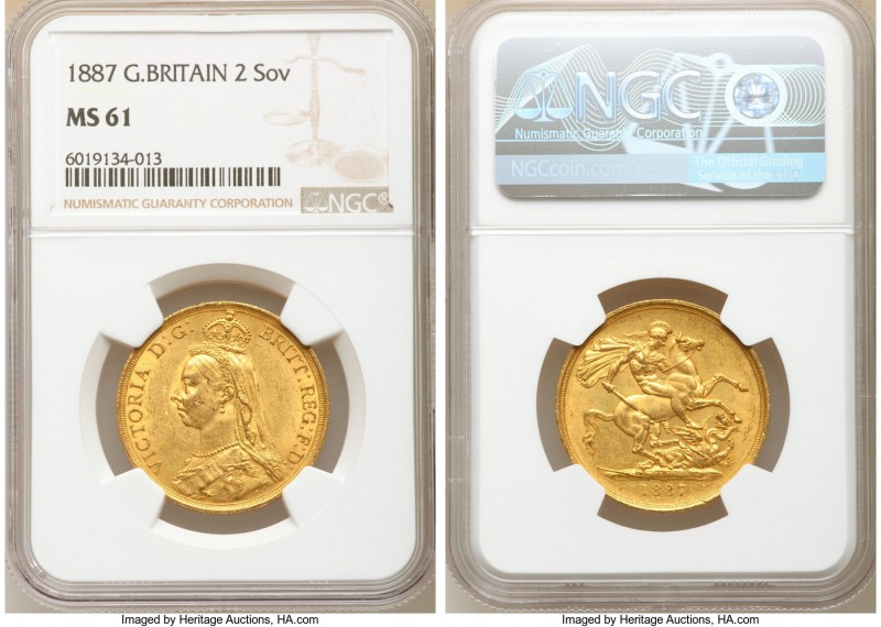 Victoria gold 2 Pounds 1887 MS61 NGC, KM768, S-3865, Fr-391. AGW 0.471 oz. 

H...