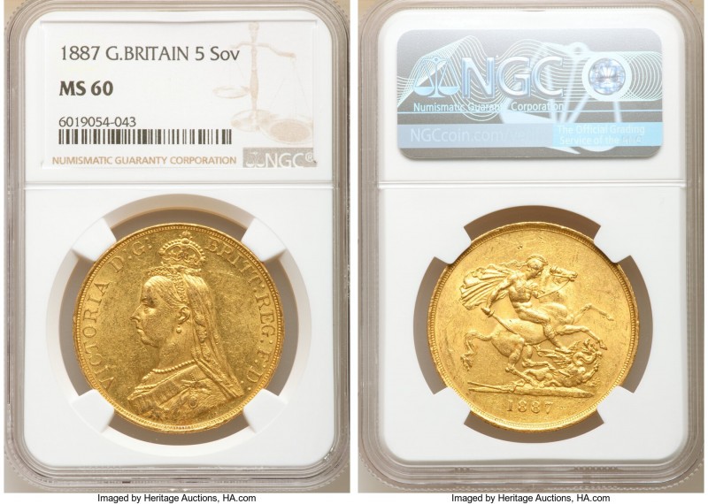 Victoria gold 5 Pounds 1887 MS60 NGC, KM769, S-3864, Fr-390. Jubilee Issue. AGW ...