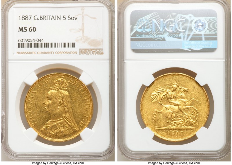 Victoria gold 5 Pounds 1887 MS60 NGC, KM769, S-3864, Fr-390. Jubilee Issue. AGW ...