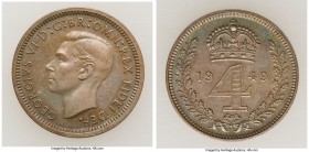 George VI 4-Piece Uncertified Maundy Prooflike Set 1949 UNC, 1) Penny, KM870. 11.2mm. 0.47gm 2) 2 Pence, KM871. 13.4mm. 0.90gm 3) 3 Pence, KM872. 16.2...