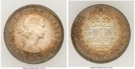 Elizabeth II 4-Piece Uncertified Prooflike Maundy Set 1958 UNC, 1) Penny - KM898. 11.1.mm. 0.48gm 2) 2 Pence - KM899. 13.0mm. 0.95gm 3) 3 Pence - KM90...