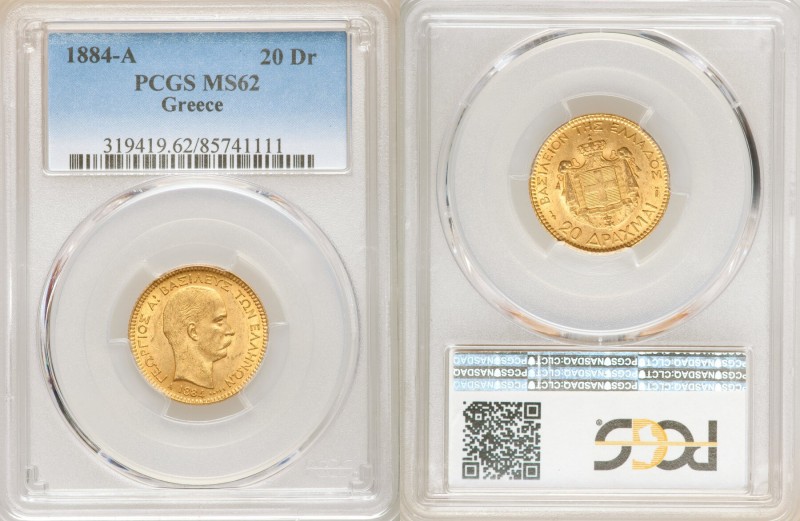 George I gold 20 Drachmai 1884-A MS62 PCGS, Paris mint, KM56, Fr-18. A pale-gold...