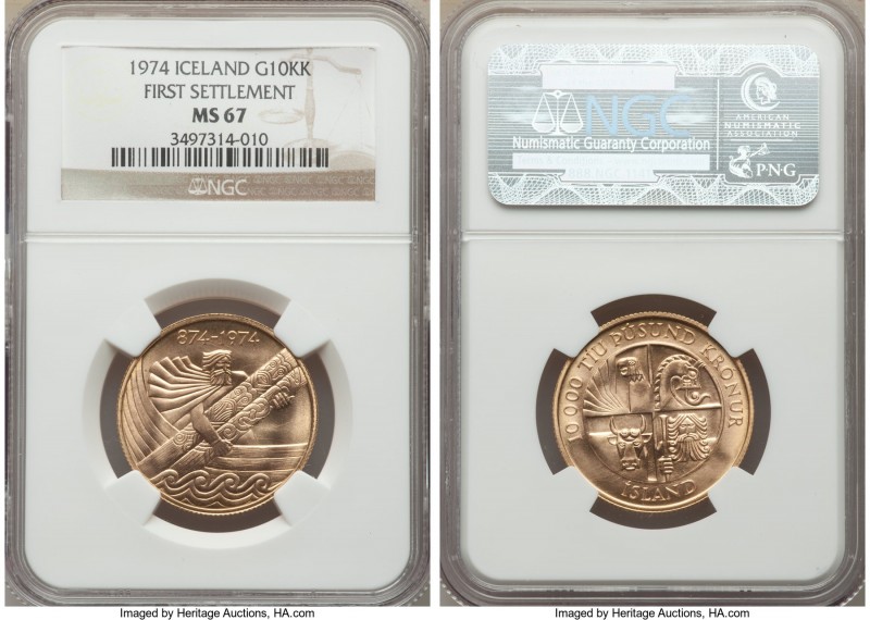 Republic gold "First Settlement" 10000 Kronur 1974 MS67 NGC, KM22. Struck for th...