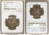 Sicily. Philip III 4 Tari 1616-IP AU50 NGC, KM11. Unusually choice for the type with all hair details of the king clearly defined and scattered mulber...