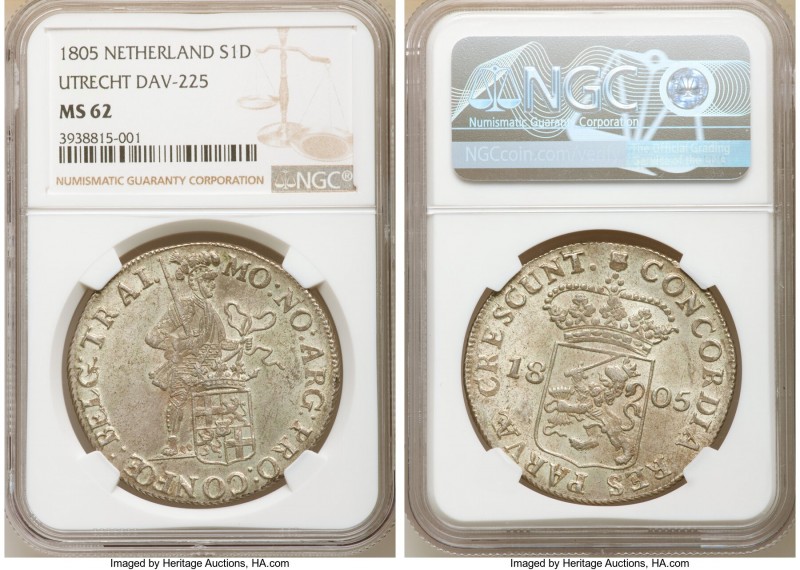 Batavian Republic silver Ducat (Rijksdaalder) 1805 MS62 NGC, Utrecht mint, KM10....