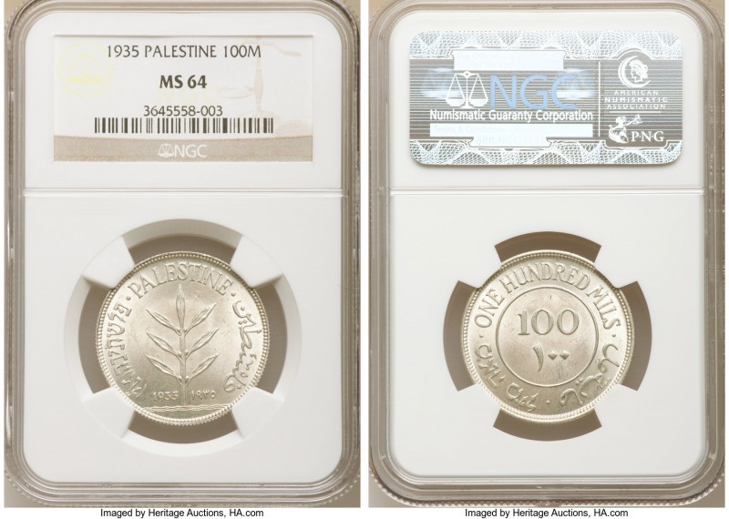 British Mandate 100 Mils 1935 MS64 NGC, KM7. Pleasing argent surfaces and full c...