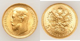 Nicholas II gold 5 Roubles 1904-AP UNC, St. Petersburg mint, KM-Y62. 18.4mm. 4.30gm. AGW 0.1245 oz. 

HID09801242017

© 2020 Heritage Auctions | A...