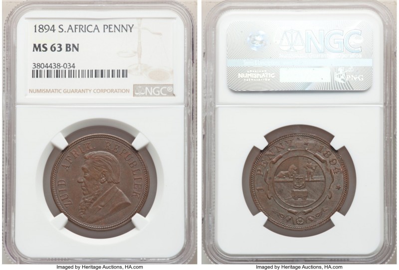 Republic Penny 1894 MS63 Brown NGC, KM2. A choice specimen that is imbued with a...