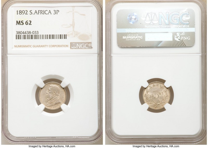 Republic 3 Pence 1892 MS62 NGC, KM3. Imbued with subdued luster and an allover a...