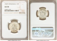 Republic Bolivar 1929-(p) AU58 NGC, Philadelphia mint, KM-Y22. Despite the published mintage, this issue is significantly scarce and undervalued in SC...