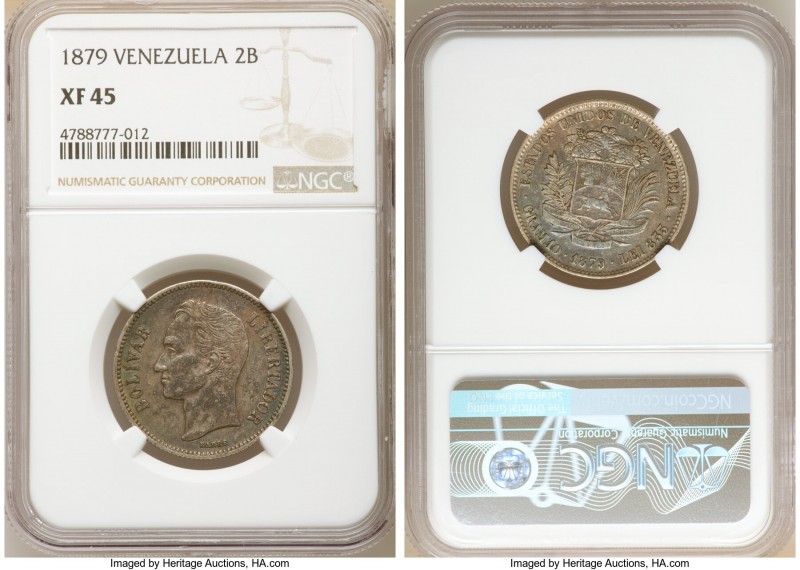 Republic 2 Bolivares 1879-(bb) XF45 NGC, Brussels mint, KM-Y23. Deeply toned and...