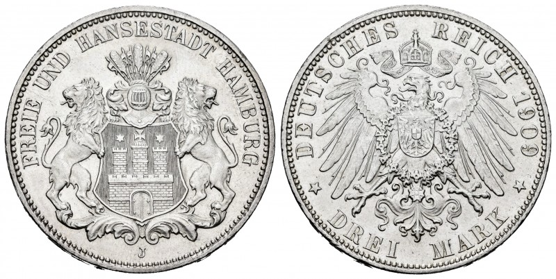 Germany. Hamburg. 3 mark. 1909. Hambourg. J. (Km-620). Ag. 16,64 g. Original lus...