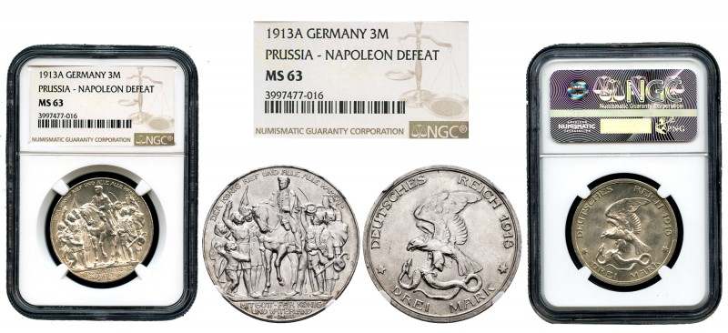 Germany. Prussia. 3 mark. 1913. Berlin. (Km-34). Ag. Slabbed by NGC as MS 63. NG...