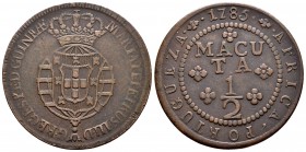 Angola. D. Maria I y D. Pedro III. 1/2 macuta. 1785. (Gomes-02.02). Ae. 19,13 g. VF. Est...150,00.   

SPANISH DESCRIPTION: Angola. D. Maria I y D. Pe...