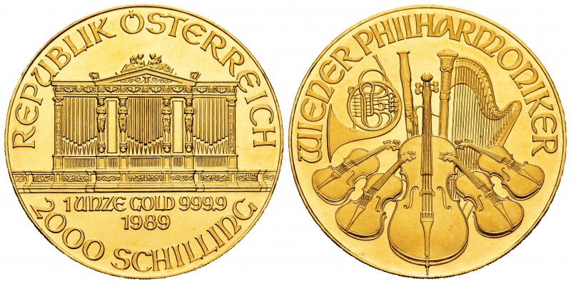 Austria. 2000 schilling. 1989. (Km-2990). Au. 31,14 g. Vienna Philharmonic Orche...