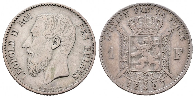 Belgium. Leopold II. 1 franc. 1867. (Km-28.1). Ag. 4,90 g. Almost VF/VF. Est...1...